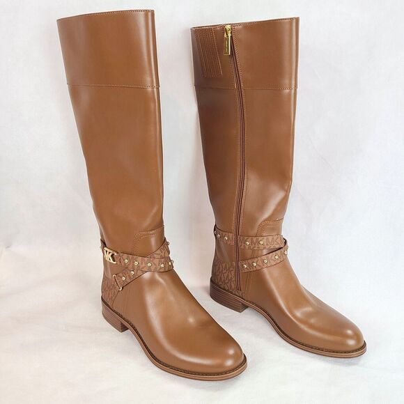New MICHAEL KORS Womens (9M) Brown Kincaid Riding Boots w/Studded Signature $375